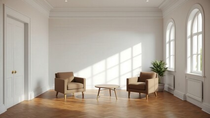 Fototapeta premium Bright and Airy Living Room with Modern Furniture and Natural Lighting, Perfect for Relaxation and Entertaining