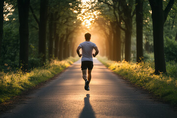 Fototapeta premium A man jogging on a path surrounded by trees at sunrise, symbolizing fresh starts and fitness goals