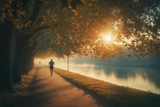 A man jogging on a path surrounded by trees at sunrise, symbolizing fresh starts and fitness goals