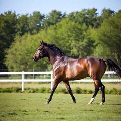 Fototapeta premium A horse galloping across a paddock, with shallow focus emphasizing the movement and muscles of the horse while the rest of the field and fence line are softly out of focus