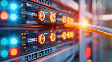 Naklejka premium Close-up of a network cable plugged into a data server rack, surrounded by brightly illuminated indicators and equipment in a modern data center.