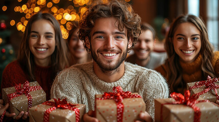 group of friends joyfully exchanging gifts during holiday season, surrounded by festive decorations and warm lights. Their excitement and happiness create cheerful atmosphere