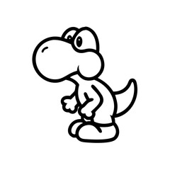 Colorful cartoon dinosaur character standing with a playful expression in a simple, animated style against a plain white background, highlighting its playful demeanor and joyful appearance