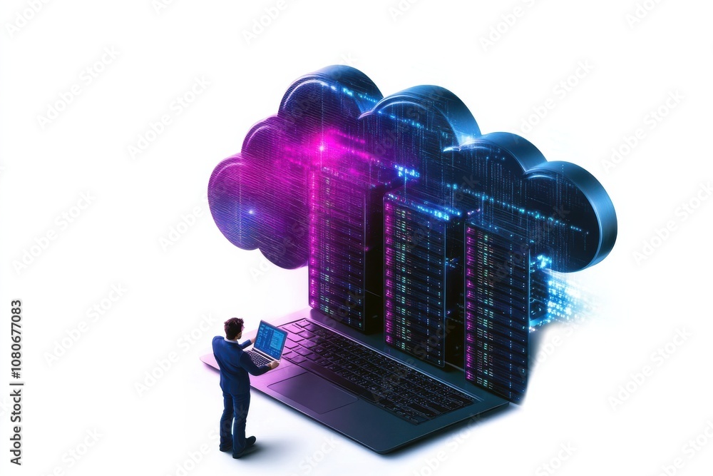 Poster a digital representation of a person accessing cloud data, symbolizing technology, connectivity, and
