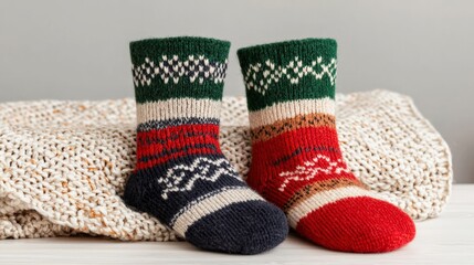 Warm wool socks resting on table with cozy blanket, embracing winter comfort at home