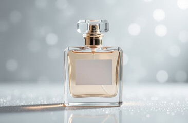 A beautiful perfume bottle on a festive background, present for New Years Eve, Christmas and winter holidays.