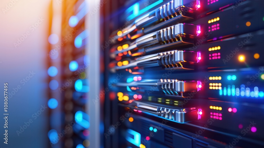 Poster close-up of a data server rack filled with network cables and vibrant led indicators, representing c
