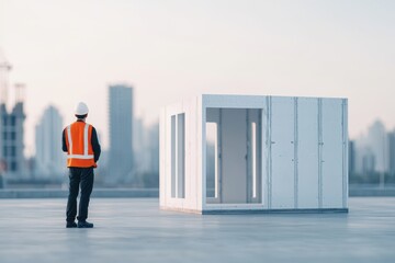 Fototapeta premium Large 3D printer constructing a building section, innovative construction technology, urban background. [3D Printing, Construction]