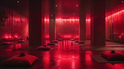 A dimly lit red room with a large open space and red cushioned floor mats, the room is lit by small lamps and the walls are decorated with textured red panels.