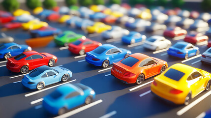 Fototapeta premium Colorful Cars in a Parking Lot 3D Illustration