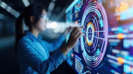 Engineer using a futuristic touchscreen interface displaying circular data visualizations, focusing on data analysis and interactive control in a high-tech environment.