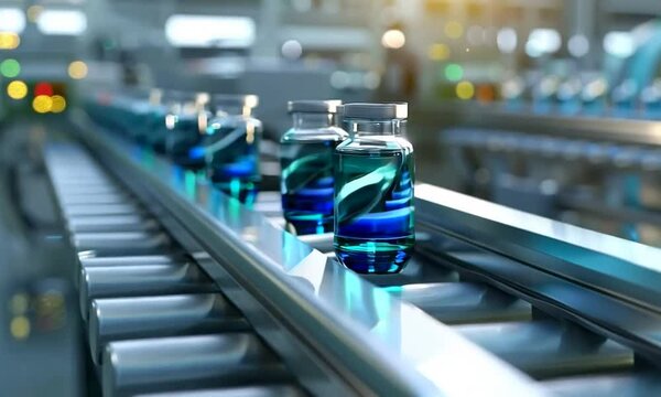 video of serum or medicine bottles running on a roll on a production machine
