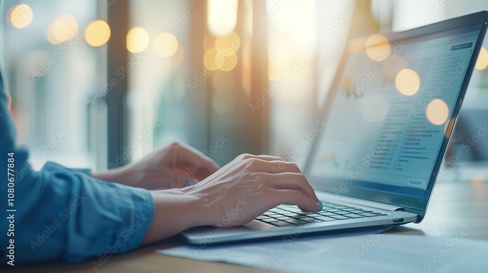 Poster close-up of hands typing on a laptop keyboard in a brightly lit office with a soft, warm bokeh effec