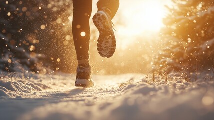 Runner on snowy path with sunlight; symbolizes endurance and vitality in winter.
