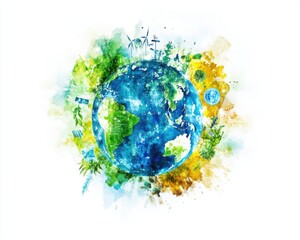 Colorful watercolor illustration of a globe surrounded by lush greenery.