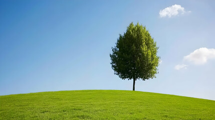 Obraz premium A single tree stands tall on a grassy knoll against a clear blue sky with fluffy white clouds.