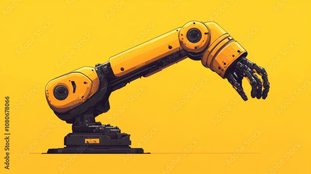 Poster a yellow robot arm with a claw on the end. the claw is open