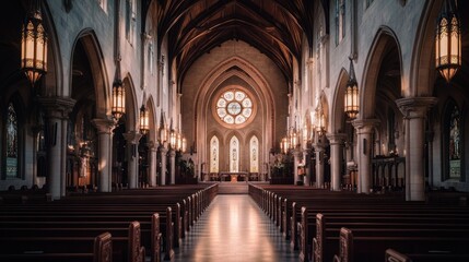 A serene interior of a church featuring arched ceilings and stained glass windows.