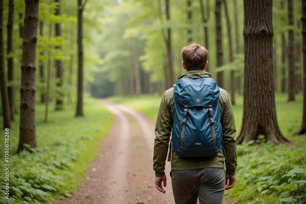 Aufkleber man hiking alone in serene forest path with backpack in tranquil nature setting.