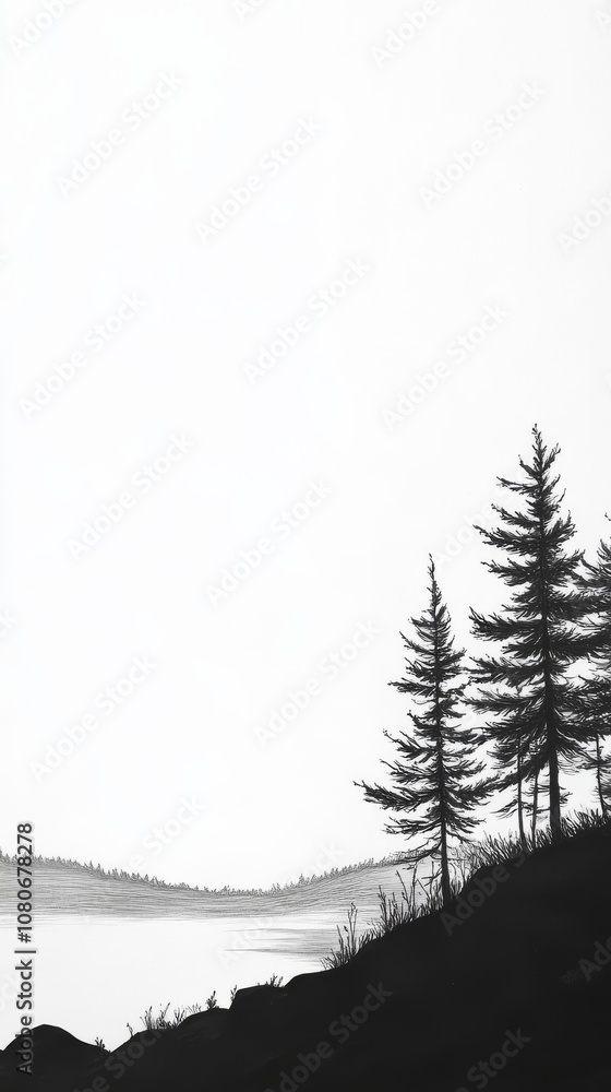 Poster a black and white drawing of a forest with trees and a lake. the trees are in the foreground and the