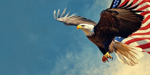 Eagle with American flag soaring against in the air. The personification of freedom and independence.  Background with free space for text. Generated by AI