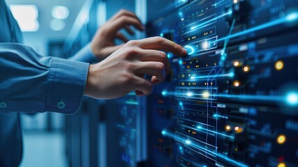 Close-up of an IT technician's hands adjusting a server in a data center, with a glowing digital interface displaying connections and data flow, symbolizing network management and cybersecurity.