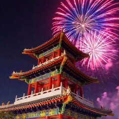 Obraz premium Capture a low-angle shot of a traditional Chinese pagoda, framed by brilliant fireworks. A prominent red banner for copy space is placed at the bottom, perfectly complementing the vibrancy of China Na
