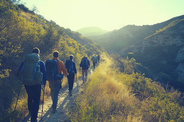 Obraz premium a group of friends hiking up a mountain trail on a sunny day
