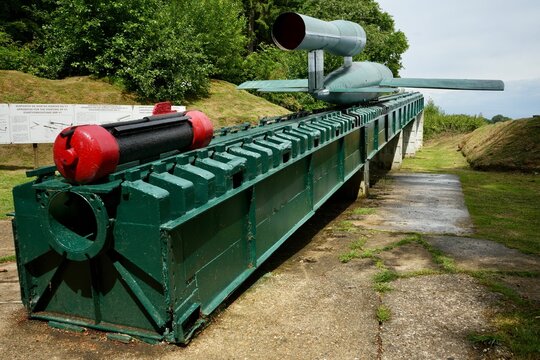 Replica V1 Rocket on the launch ramp at The V1 launch site Val Ygot d'Ardouval. Ardouval, France, July 2023. 