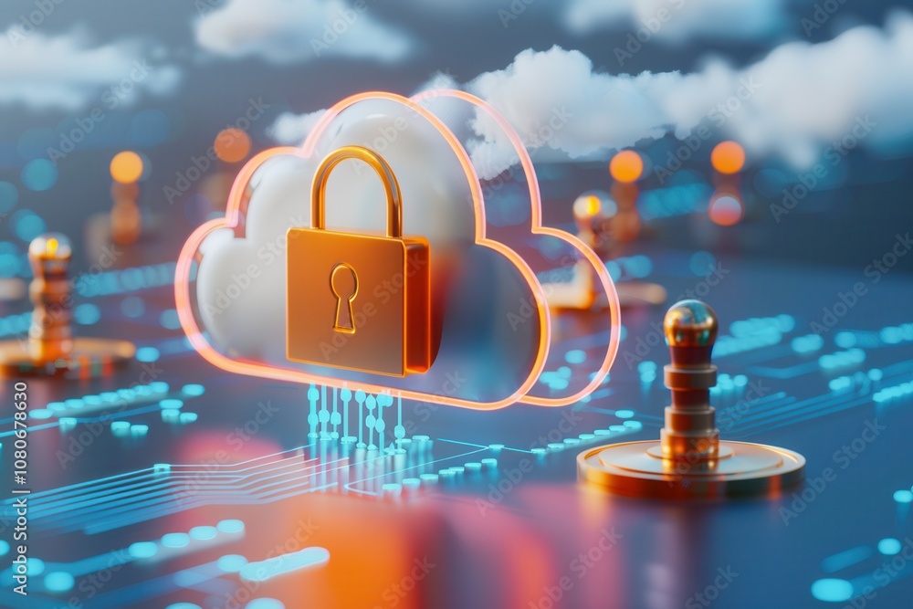 Poster 3d illustration of a cloud icon with a padlock symbol, representing secure cloud computing, data pro