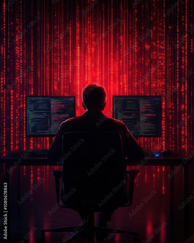 Poster a silhouette of a person sitting at a desk, facing two glowing computer screens with binary code and