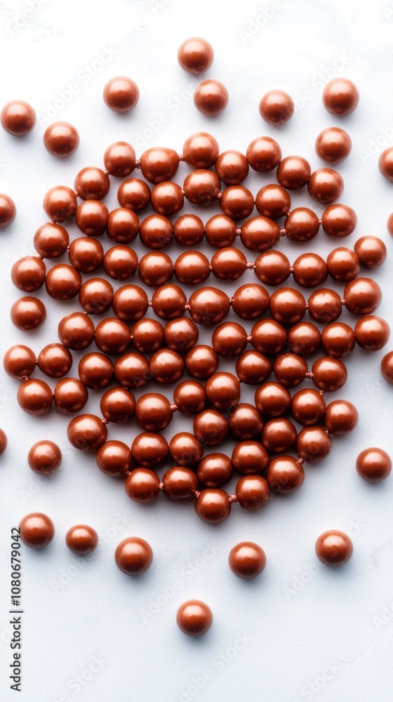 Poster a cluster of shiny copper-colored beads arranged in a circular pattern on a light surface.