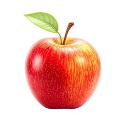 Red apple isolated on transparent background, single leaf, glossy skin, detailed texture