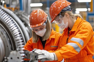 Technicians in protective gear assembling large industrial turbines, attention to detail, power generation equipment. [Turbines, Industrial Labor]