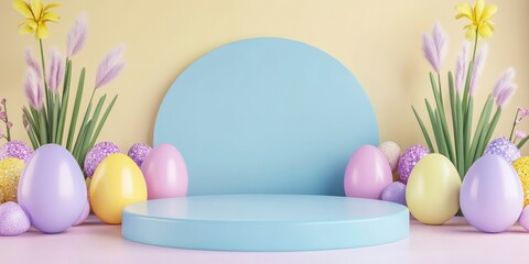 Easter podium background with easter eggs and pastel color flowers