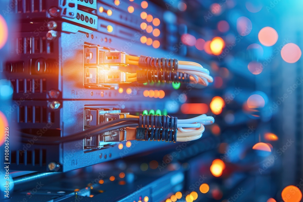 Poster close-up of network cables connected to ports on a server rack in a data center, illuminated by led 