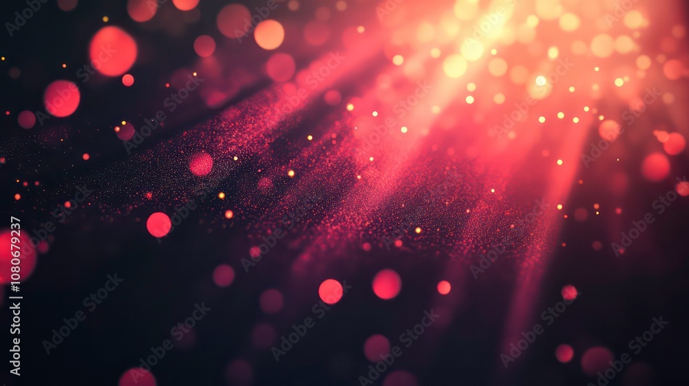 Poster Abstract red and gold bokeh background with light rays and glowing particles.