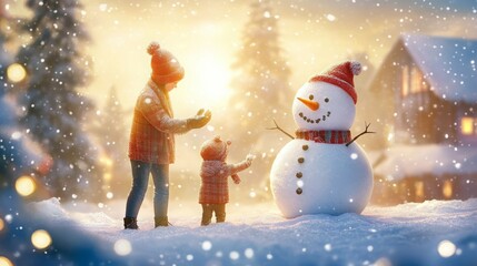 Obraz premium Mother and child building a snowman in winter wonderland.