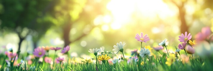 a meadow with grass and flowers, sunlight shining on blur background