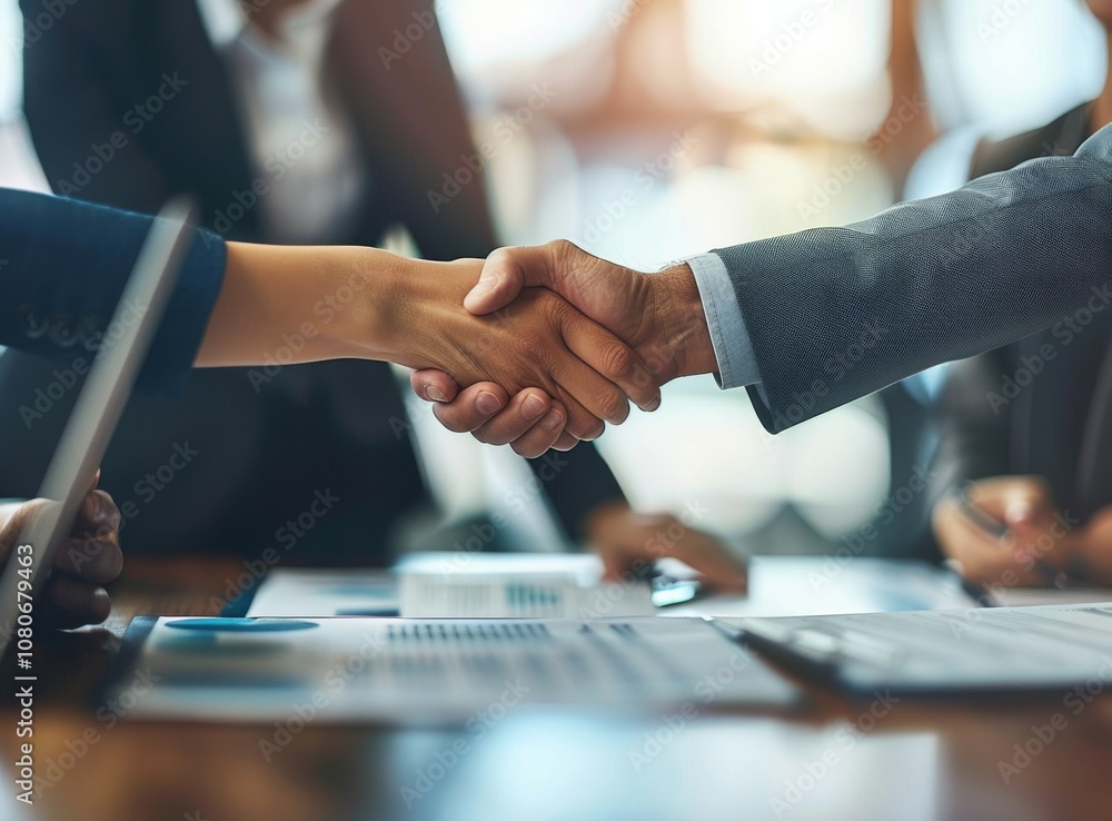 Poster the act of a professional handshake between business partners symbolizes a significant achievement a