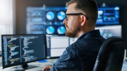 Focused data analyst working in a modern office, viewing software code and performance dashboards on multiple monitors for data insights and analysis.