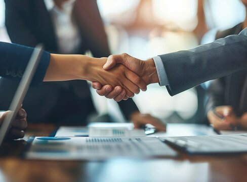 The act of a professional handshake between business partners symbolizes a significant achievement and mutual agreement, emphasizing collaboration, commitment, and a formal commitment to success - Powered by Adobe