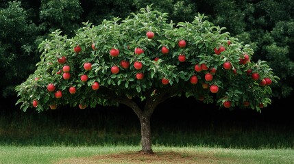 A single apple tree laden with red apples, standing in a field with green grass and a dark forest background.