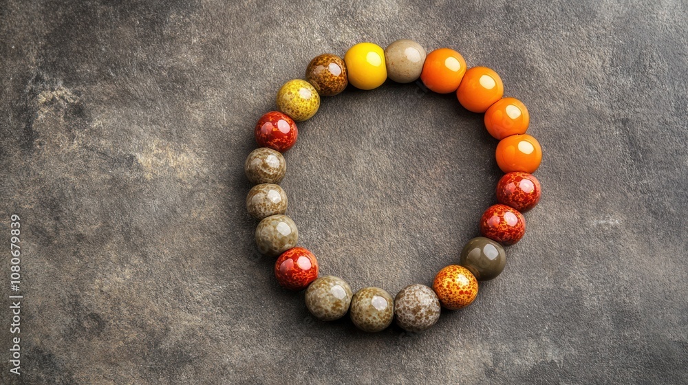 Poster a circular bracelet made of colorful beads displayed on a textured surface.