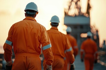 Team of workers maintaining oil rig machinery, safety gear, offshore environment, intense work atmosphere. [Oil Rig, Maintenance]