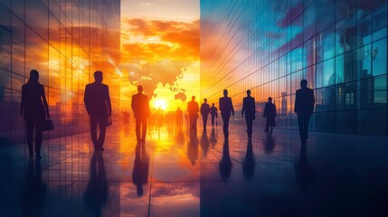 Silhouettes of business people walking towards a sunset with a world map reflected on a glass building.