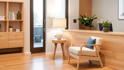Fototapeta premium Modern Living Room Decor: Cozy Wooden Chair, Side Table, and Natural Lighting for Relaxing Spaces
