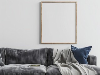 A cozy living room with a grey sofa. a blue blanket. and a wooden frame hanging on a white wall A hanging pendant light is in the background