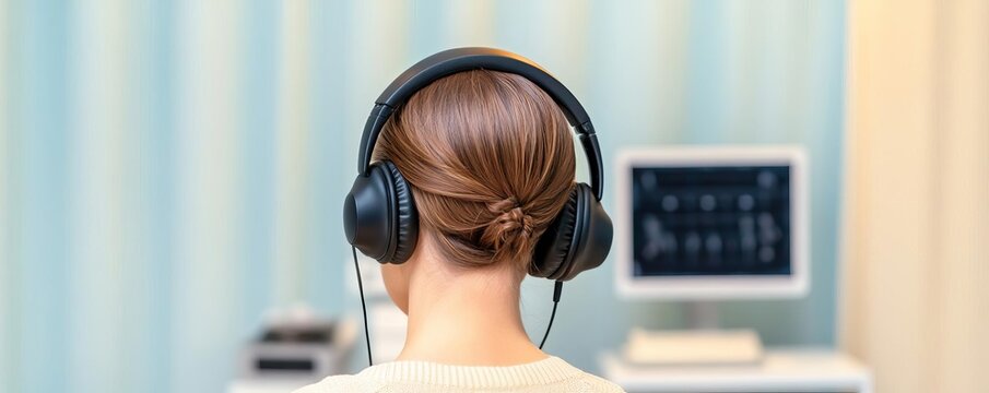 Audiologist conducting a hearing test using headphones, focused setting, hearing care, testing