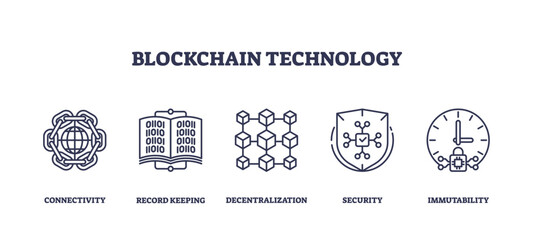 Blockchain technology icons depict connectivity, decentralization, and security. Outline icons set.